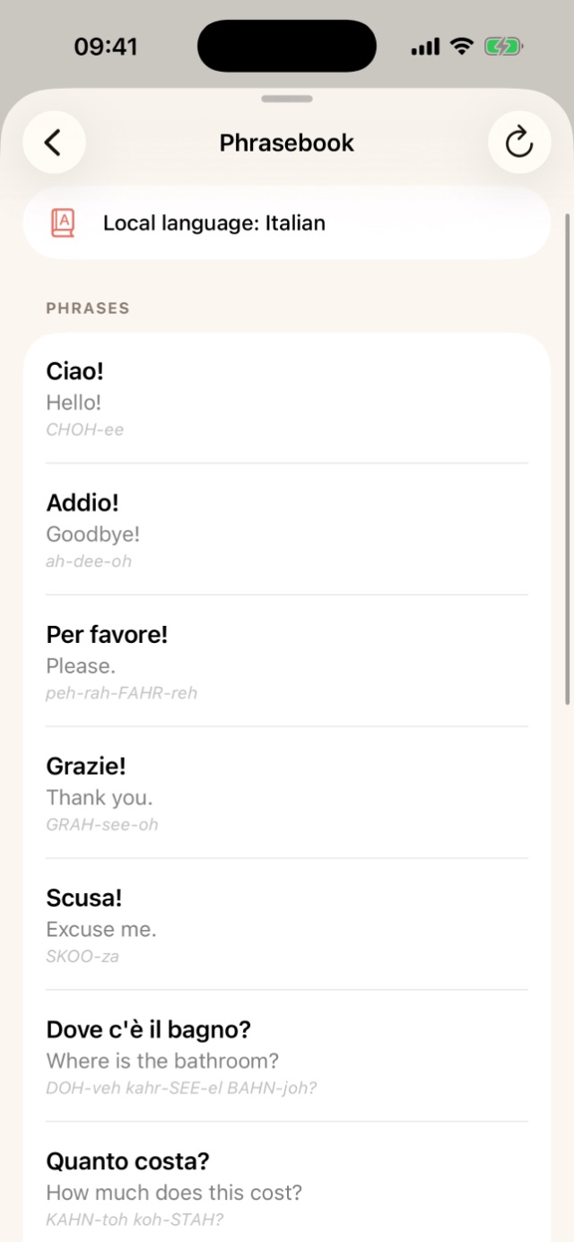 Phrasebook screen with Italian phrases, translations and pronunciation