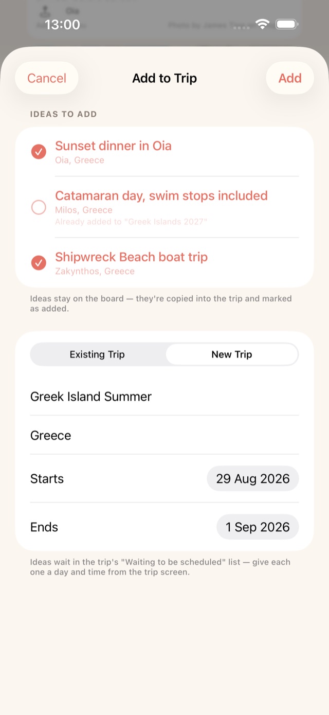 Adding agreed ideas from a board into a trip