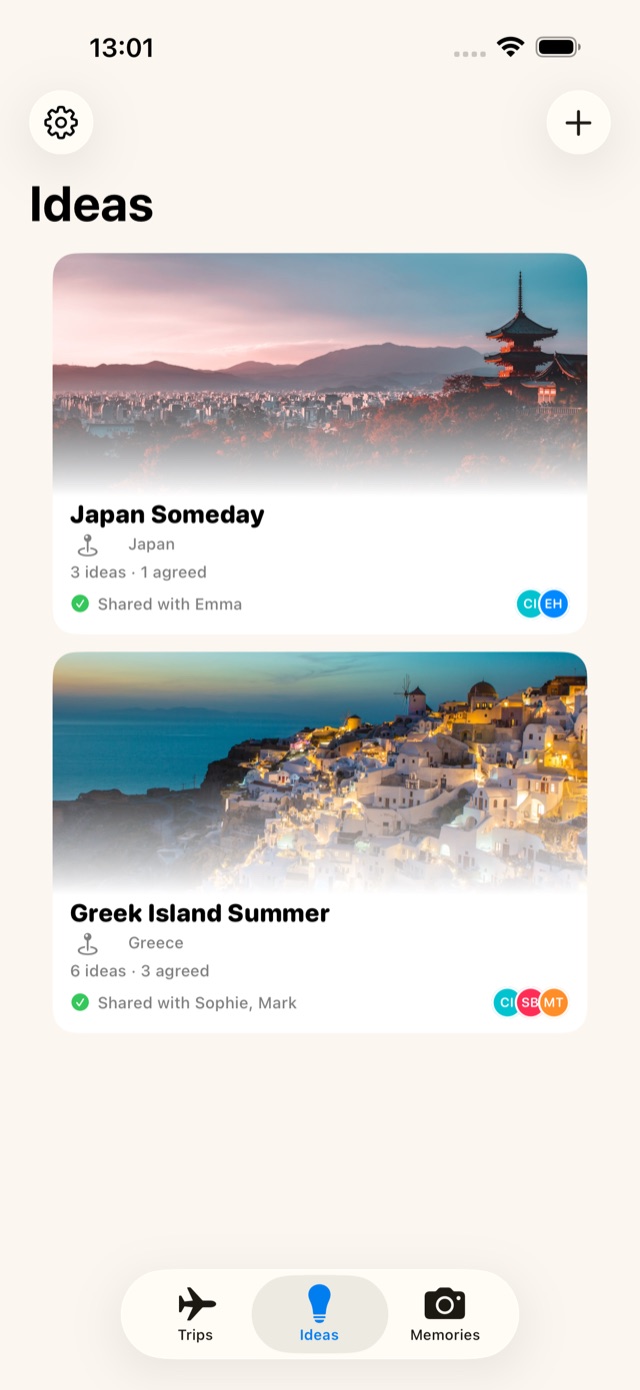 The Ideas tab with two boards: Japan Someday shared with Emma, and Greek Island Summer shared with Sophie and Mark